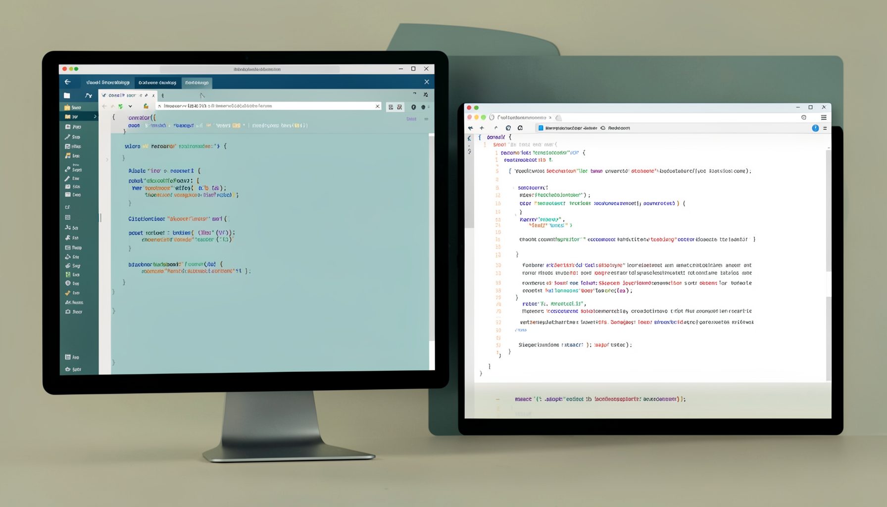 A desktop screen showing a code editor with Java source files and a generated HTML documentation page open side by side, in muted teal and warm cream tones.