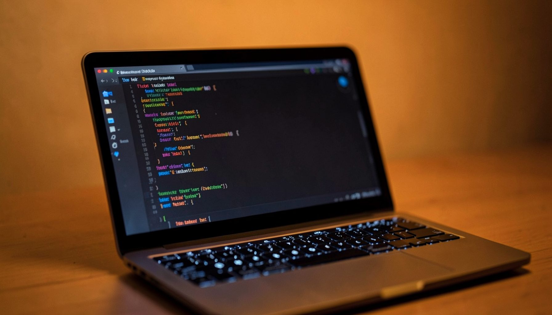 A glowing laptop screen displaying a code editor with dark syntax-highlighted Java code against a warm amber-toned background