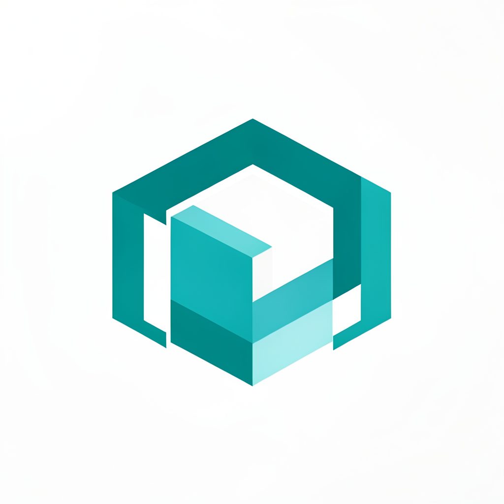 Abstract geometric logo in teal and white, suggesting a stylized cube or code block