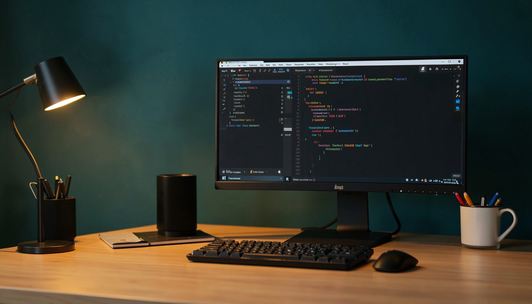 A clean developer workspace with a dark teal accent wall, a monitor displaying code in an IDE sidebar, and warm ambient light across a wooden desk.